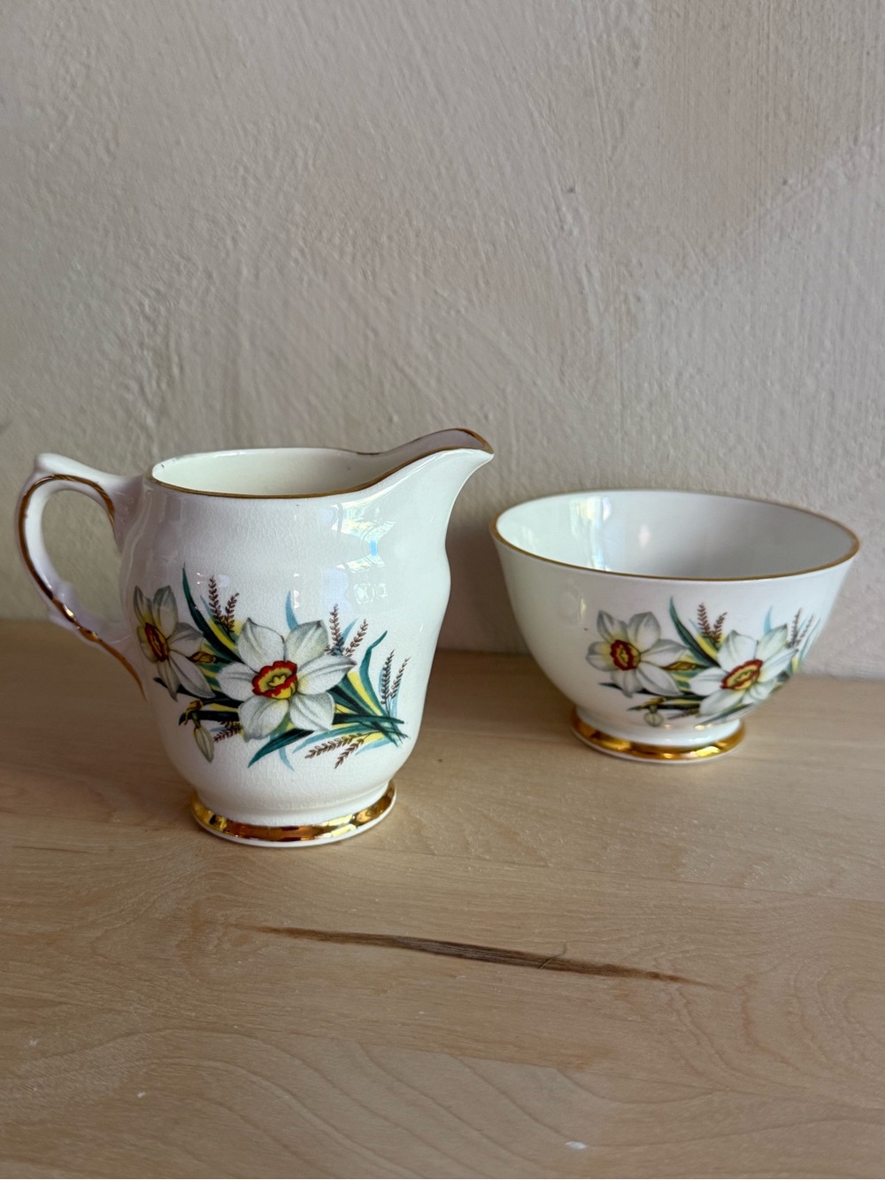 Vintage Delphine Bone China Creamer and Sugar Bowl Set White Daffodil Gold Trim